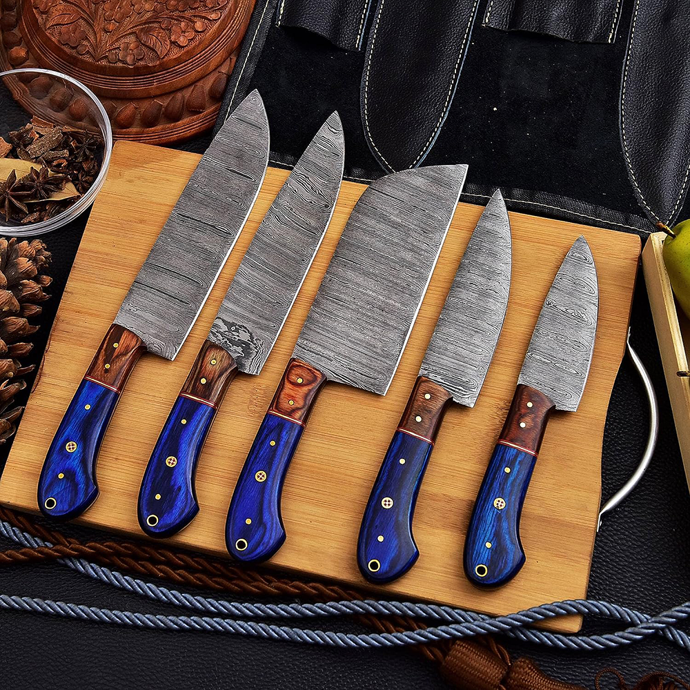 Custom Damascus Chef Knife Set of 5 pcs