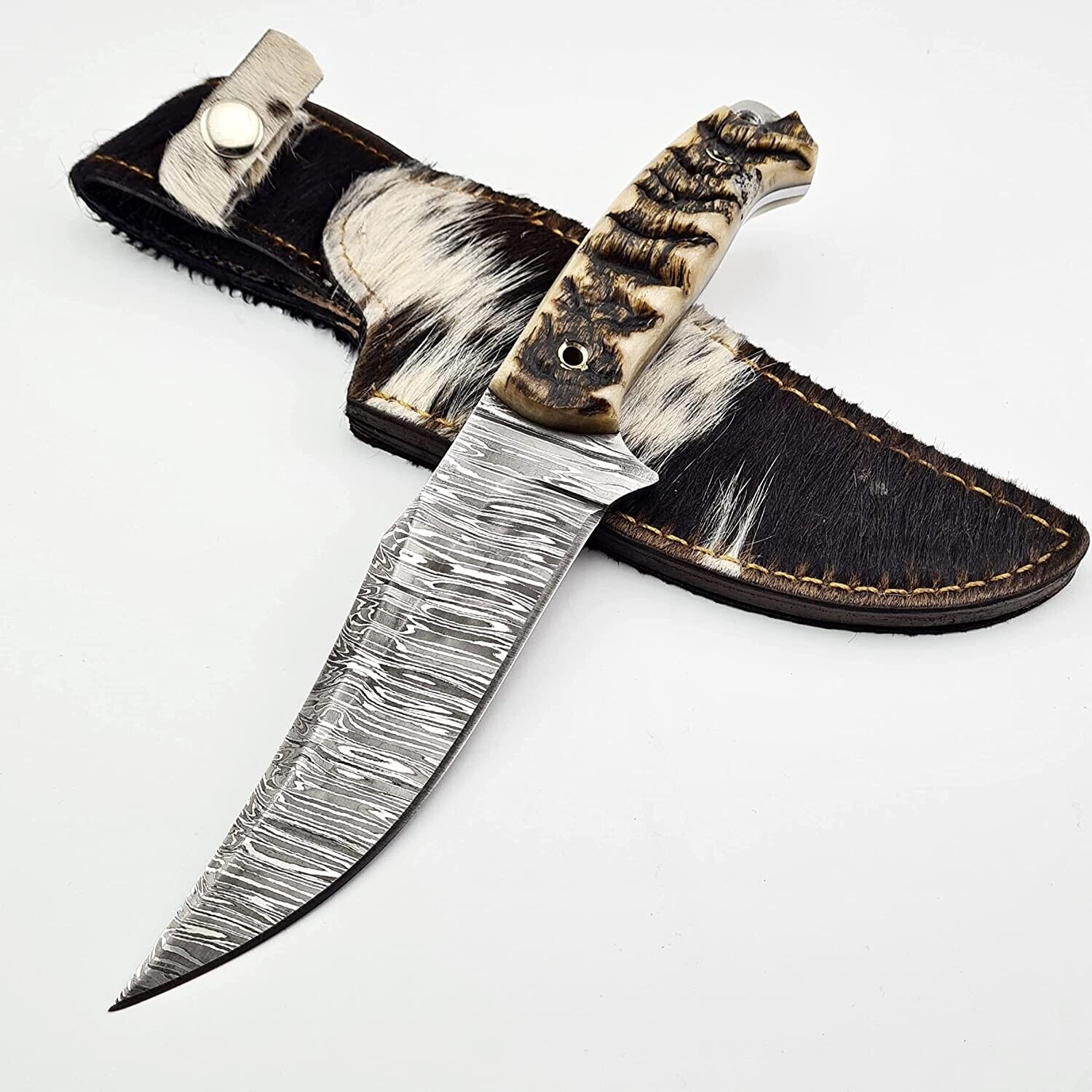 Handmade Damascus Camping Hunting Knife With Horn Handle Kitchen Tool