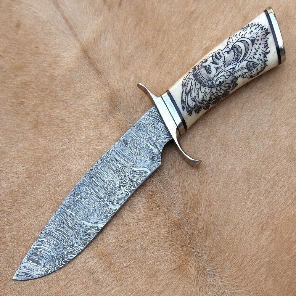 Couteau de chasse de campagne japonais forgé en acier de Damas fait à la main | Couteau à écorcher de Camping en plein air à lame fixe avec gaine en cuir pour cadeau 