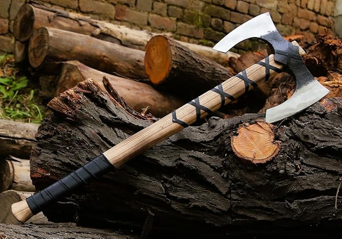 Viking Double Head Battle Axe With Runes Engraved &Wrap Handle Hand Forged Gift