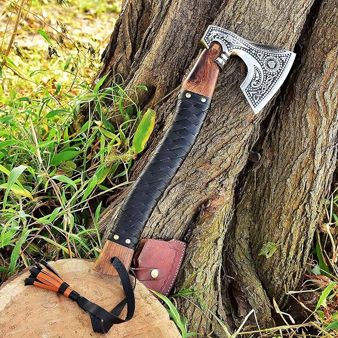 Handmade viking axe real hatchet, Forged carbon steel axe | Outdoor camping axe with premium leather sheath, Viking gifts